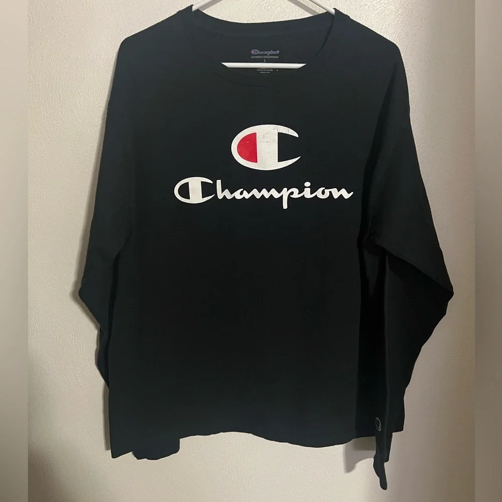 CHAMPION Classic Casual‎ Logo Long Sleeve T Shirt Black White Red Men's Size L